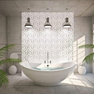 A white bathroom with a bathtub and plants.